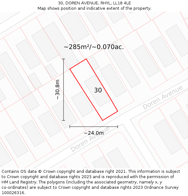 30, DOREN AVENUE, RHYL, LL18 4LE: Plot and title map