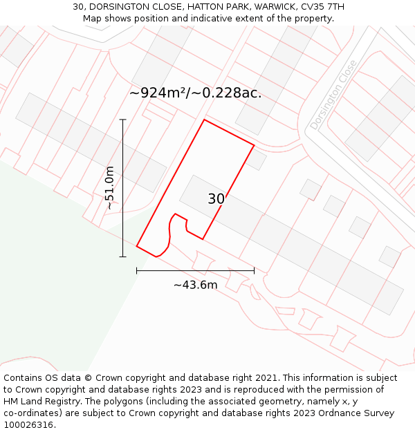 30, DORSINGTON CLOSE, HATTON PARK, WARWICK, CV35 7TH: Plot and title map