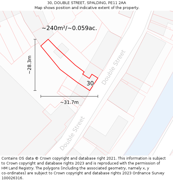 30, DOUBLE STREET, SPALDING, PE11 2AA: Plot and title map