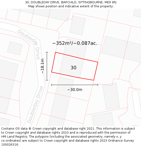 30, DOUBLEDAY DRIVE, BAPCHILD, SITTINGBOURNE, ME9 9PJ: Plot and title map