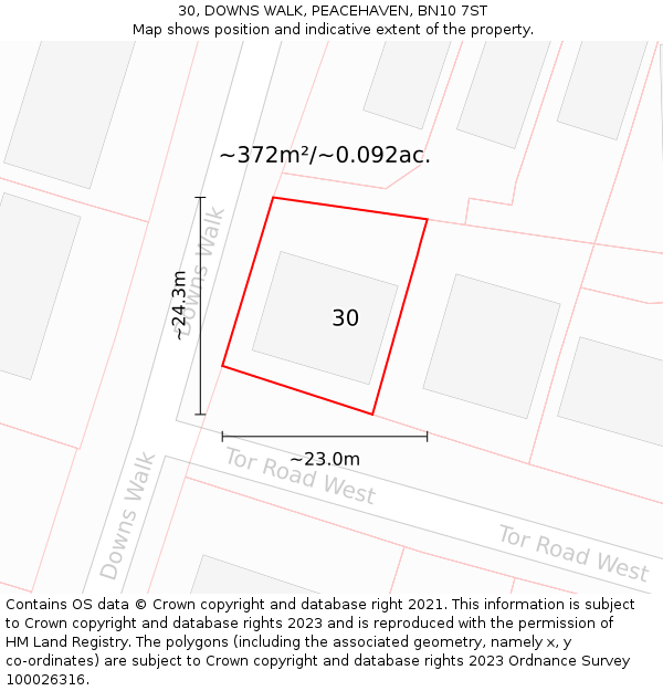 30, DOWNS WALK, PEACEHAVEN, BN10 7ST: Plot and title map