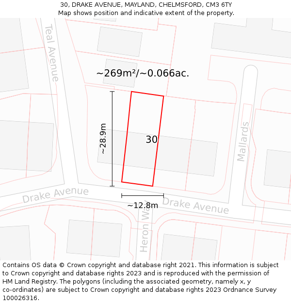 30, DRAKE AVENUE, MAYLAND, CHELMSFORD, CM3 6TY: Plot and title map