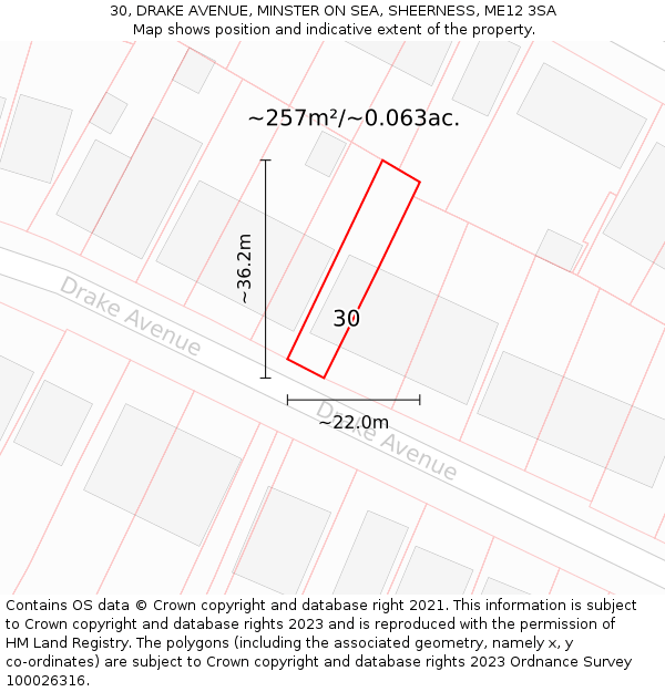 30, DRAKE AVENUE, MINSTER ON SEA, SHEERNESS, ME12 3SA: Plot and title map