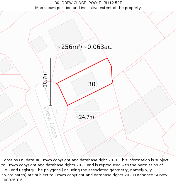 30, DREW CLOSE, POOLE, BH12 5ET: Plot and title map