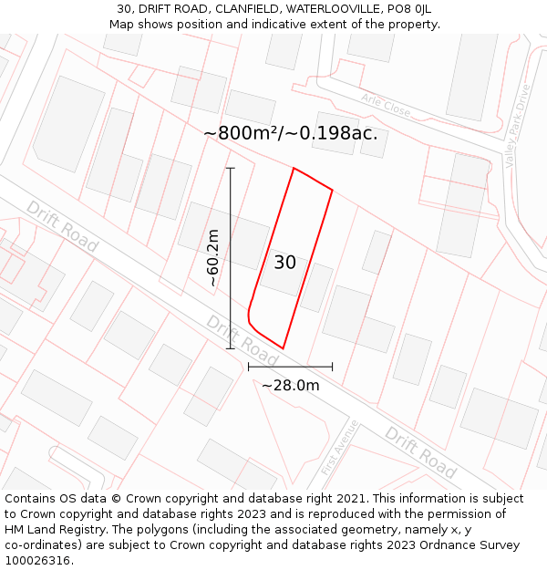 30, DRIFT ROAD, CLANFIELD, WATERLOOVILLE, PO8 0JL: Plot and title map