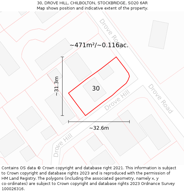 30, DROVE HILL, CHILBOLTON, STOCKBRIDGE, SO20 6AR: Plot and title map