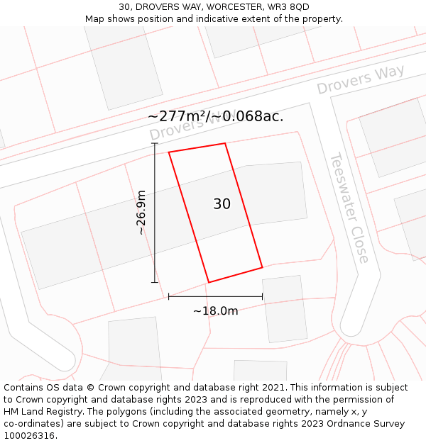 30, DROVERS WAY, WORCESTER, WR3 8QD: Plot and title map