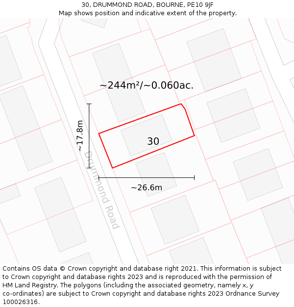 30, DRUMMOND ROAD, BOURNE, PE10 9JF: Plot and title map