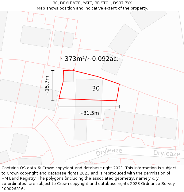 30, DRYLEAZE, YATE, BRISTOL, BS37 7YX: Plot and title map