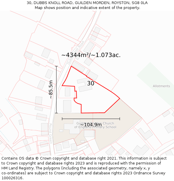 30, DUBBS KNOLL ROAD, GUILDEN MORDEN, ROYSTON, SG8 0LA: Plot and title map