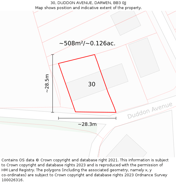 30, DUDDON AVENUE, DARWEN, BB3 0JJ: Plot and title map