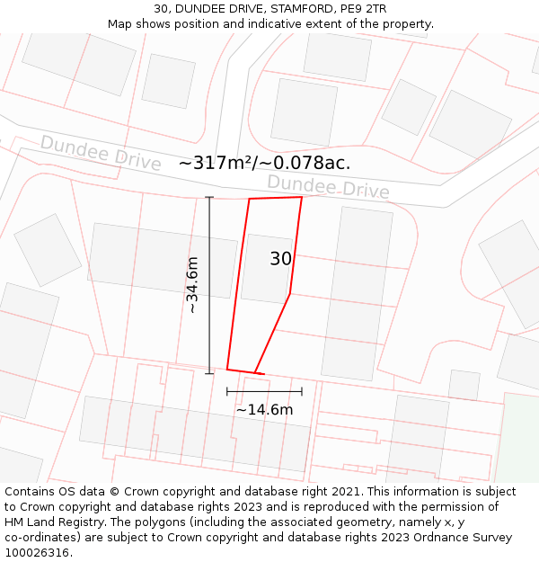 30, DUNDEE DRIVE, STAMFORD, PE9 2TR: Plot and title map