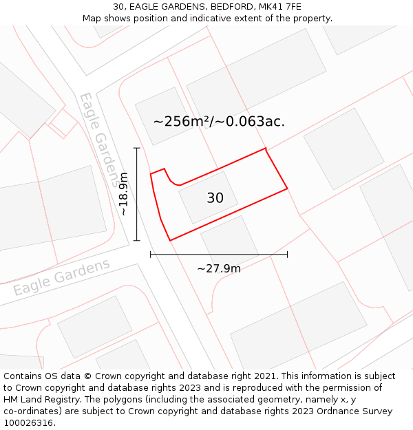 30, EAGLE GARDENS, BEDFORD, MK41 7FE: Plot and title map