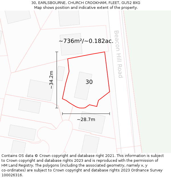 30, EARLSBOURNE, CHURCH CROOKHAM, FLEET, GU52 8XG: Plot and title map