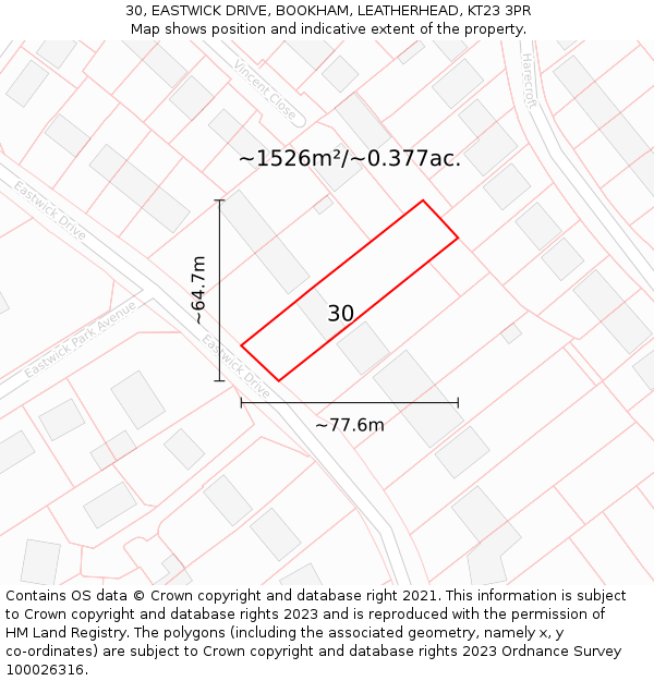 30, EASTWICK DRIVE, BOOKHAM, LEATHERHEAD, KT23 3PR: Plot and title map