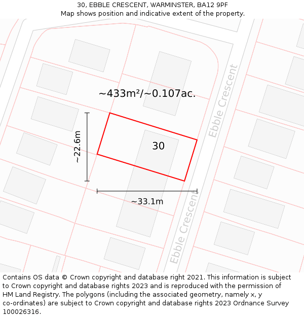 30, EBBLE CRESCENT, WARMINSTER, BA12 9PF: Plot and title map