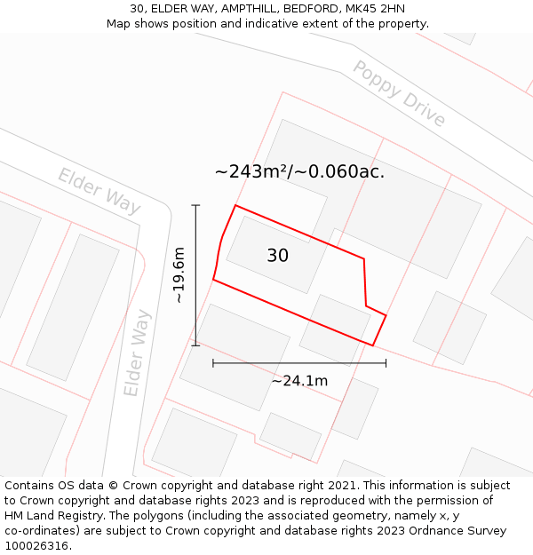 30, ELDER WAY, AMPTHILL, BEDFORD, MK45 2HN: Plot and title map