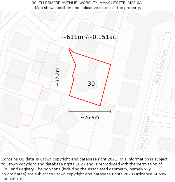 30, ELLESMERE AVENUE, WORSLEY, MANCHESTER, M28 0AL: Plot and title map