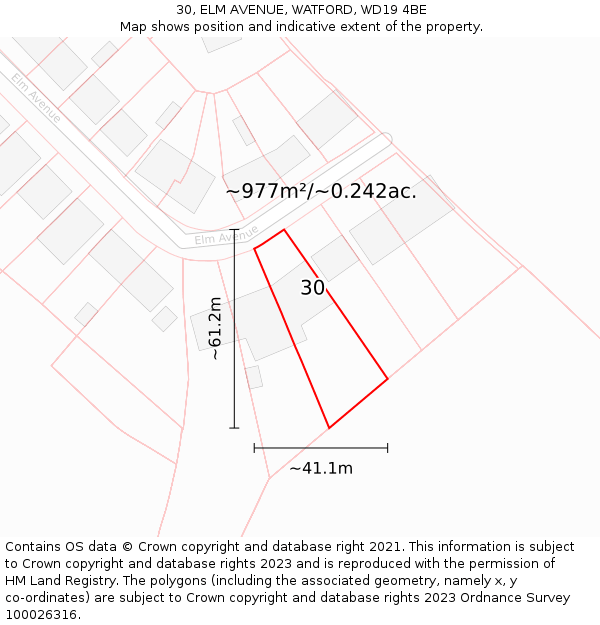 30, ELM AVENUE, WATFORD, WD19 4BE: Plot and title map