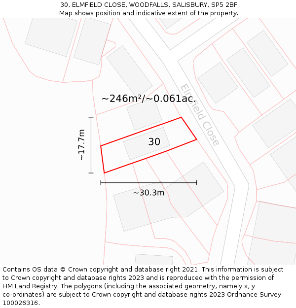 30, ELMFIELD CLOSE, WOODFALLS, SALISBURY, SP5 2BF: Plot and title map