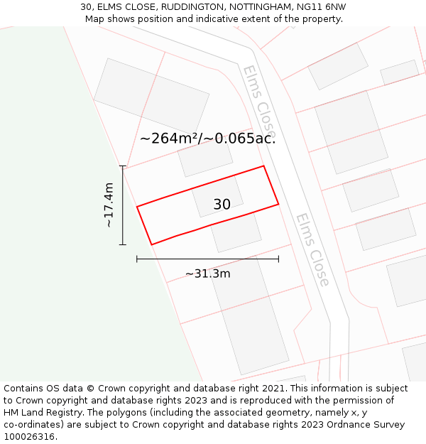 30, ELMS CLOSE, RUDDINGTON, NOTTINGHAM, NG11 6NW: Plot and title map