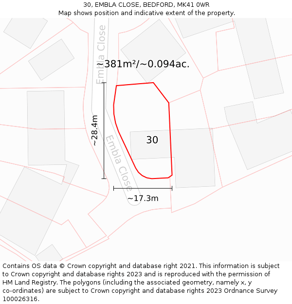 30, EMBLA CLOSE, BEDFORD, MK41 0WR: Plot and title map