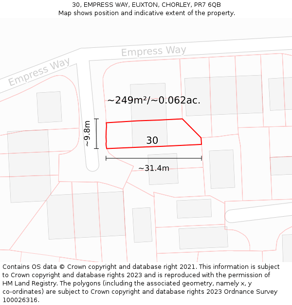 30, EMPRESS WAY, EUXTON, CHORLEY, PR7 6QB: Plot and title map