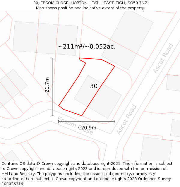 30, EPSOM CLOSE, HORTON HEATH, EASTLEIGH, SO50 7NZ: Plot and title map