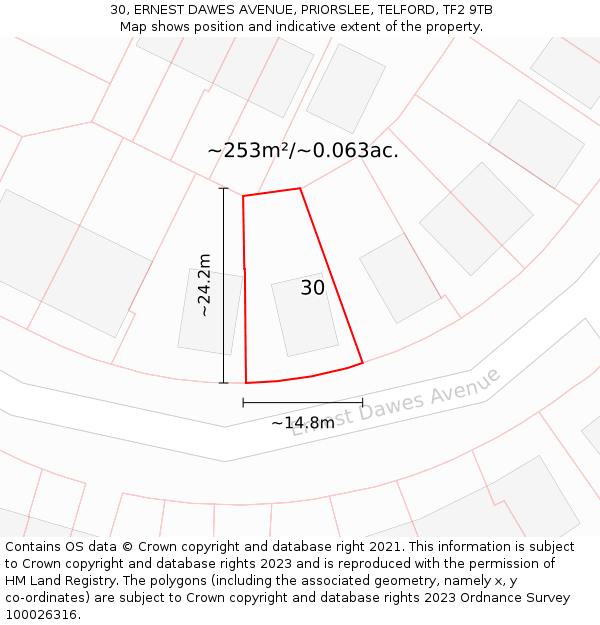 30, ERNEST DAWES AVENUE, PRIORSLEE, TELFORD, TF2 9TB: Plot and title map