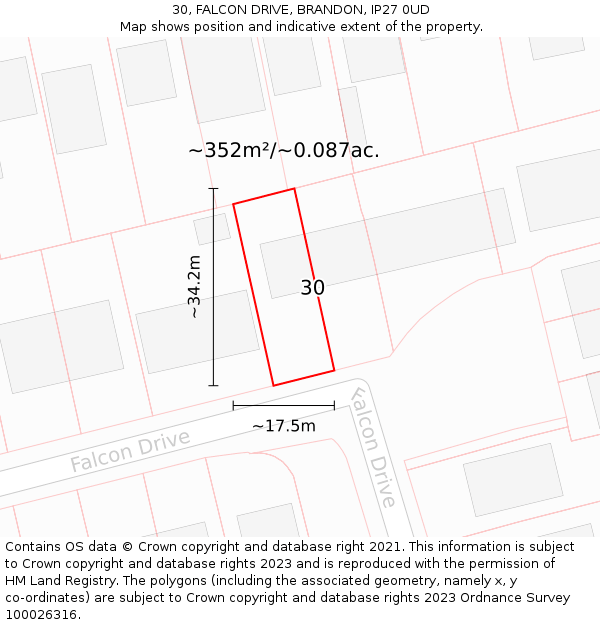 30, FALCON DRIVE, BRANDON, IP27 0UD: Plot and title map