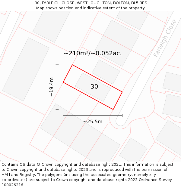 30, FARLEIGH CLOSE, WESTHOUGHTON, BOLTON, BL5 3ES: Plot and title map