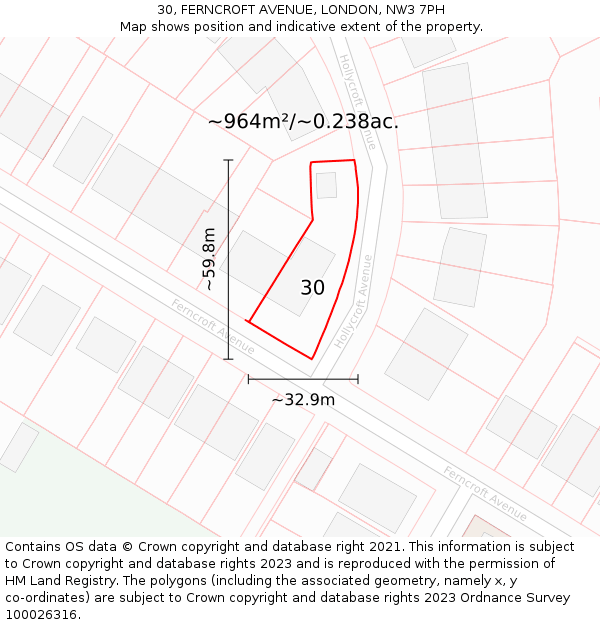 30, FERNCROFT AVENUE, LONDON, NW3 7PH: Plot and title map