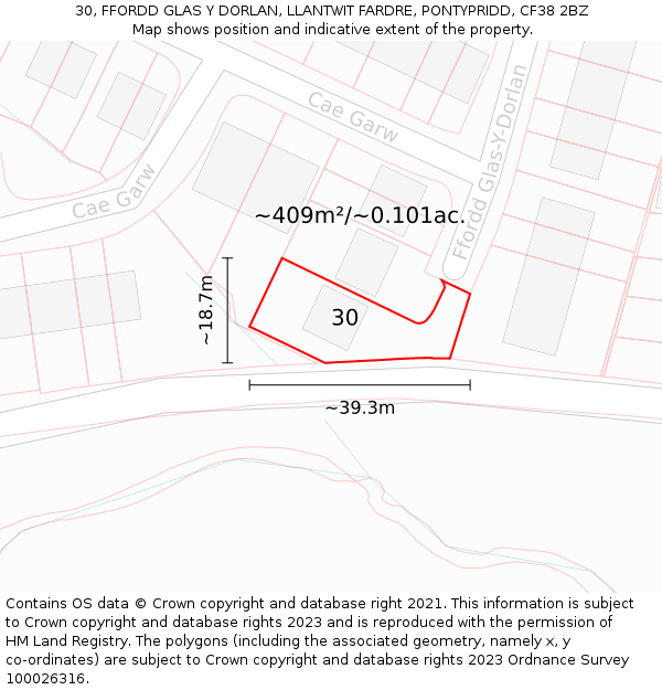 30, FFORDD GLAS Y DORLAN, LLANTWIT FARDRE, PONTYPRIDD, CF38 2BZ: Plot and title map