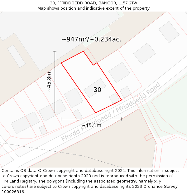 30, FFRIDDOEDD ROAD, BANGOR, LL57 2TW: Plot and title map