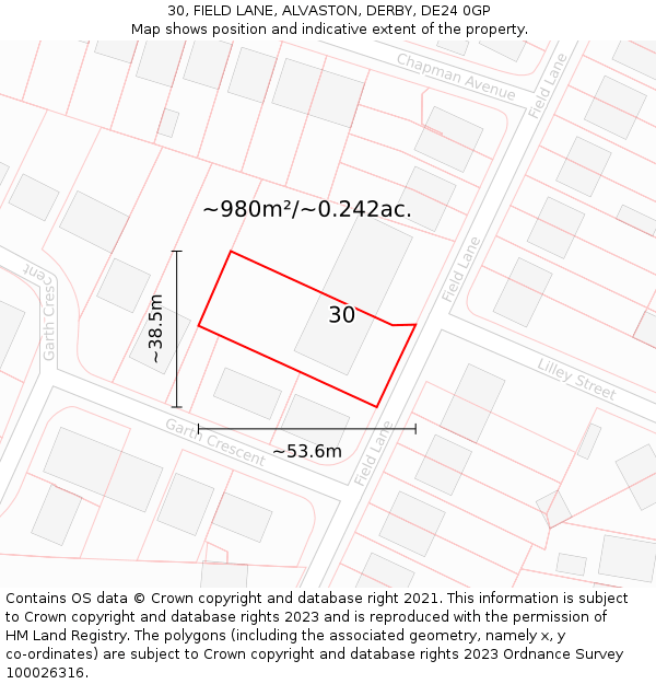 30, FIELD LANE, ALVASTON, DERBY, DE24 0GP: Plot and title map