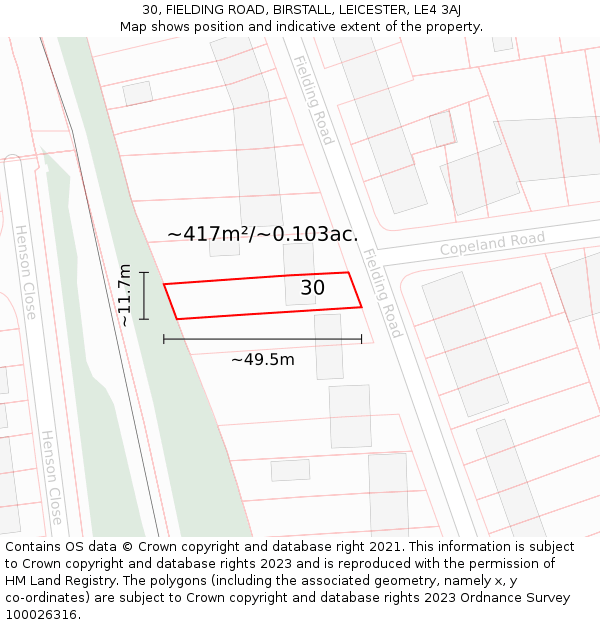 30, FIELDING ROAD, BIRSTALL, LEICESTER, LE4 3AJ: Plot and title map