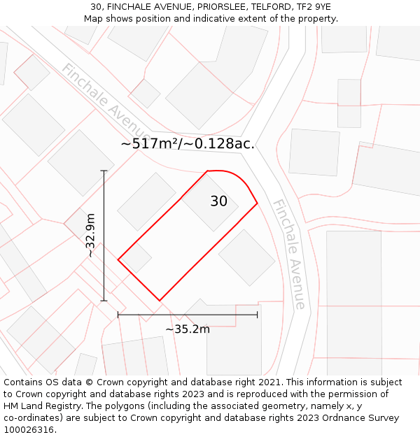 30, FINCHALE AVENUE, PRIORSLEE, TELFORD, TF2 9YE: Plot and title map