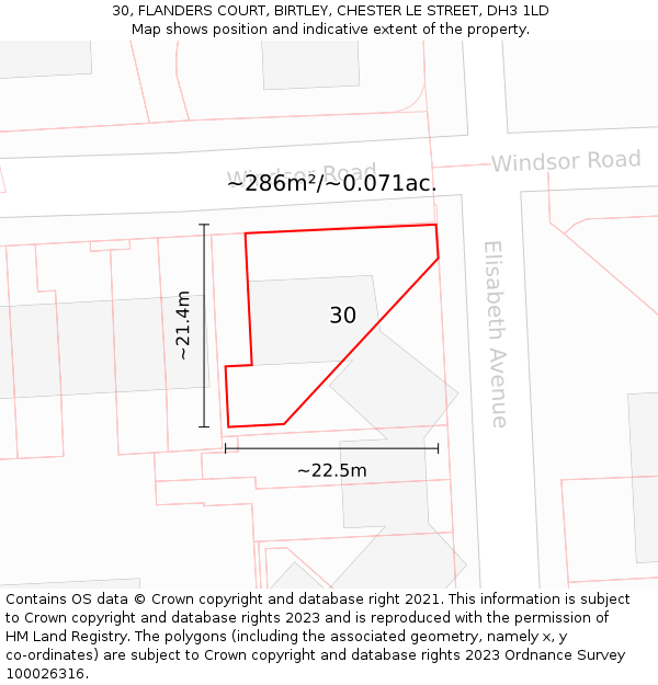 30, FLANDERS COURT, BIRTLEY, CHESTER LE STREET, DH3 1LD: Plot and title map