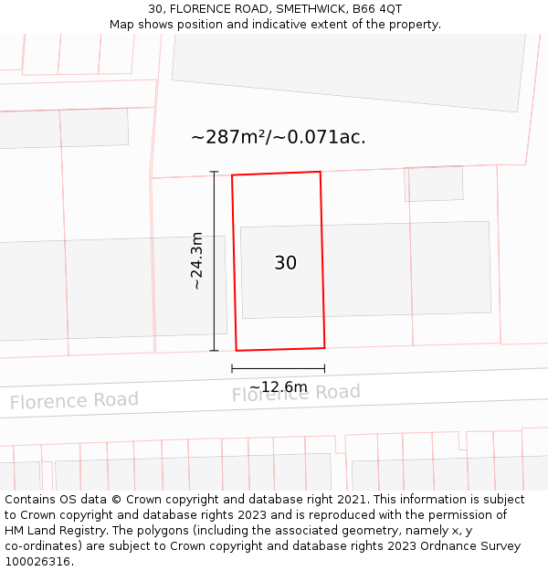 30, FLORENCE ROAD, SMETHWICK, B66 4QT: Plot and title map