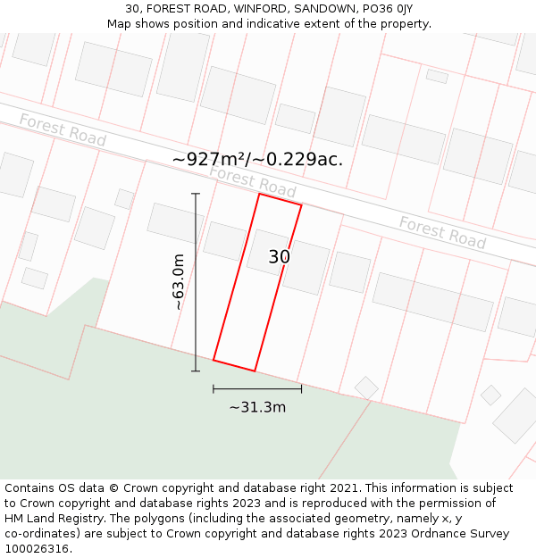 30, FOREST ROAD, WINFORD, SANDOWN, PO36 0JY: Plot and title map