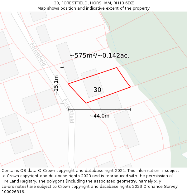 30, FORESTFIELD, HORSHAM, RH13 6DZ: Plot and title map