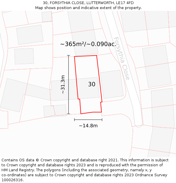 30, FORSYTHIA CLOSE, LUTTERWORTH, LE17 4FD: Plot and title map