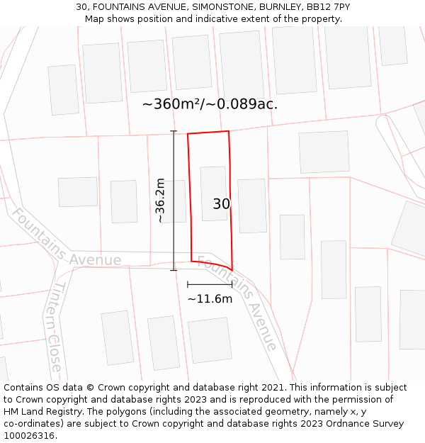 30, FOUNTAINS AVENUE, SIMONSTONE, BURNLEY, BB12 7PY: Plot and title map