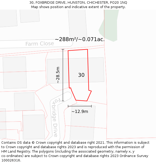 30, FOXBRIDGE DRIVE, HUNSTON, CHICHESTER, PO20 1NQ: Plot and title map