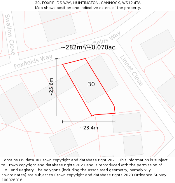 30, FOXFIELDS WAY, HUNTINGTON, CANNOCK, WS12 4TA: Plot and title map