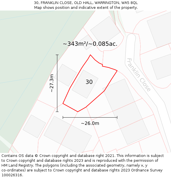 30, FRANKLIN CLOSE, OLD HALL, WARRINGTON, WA5 8QL: Plot and title map