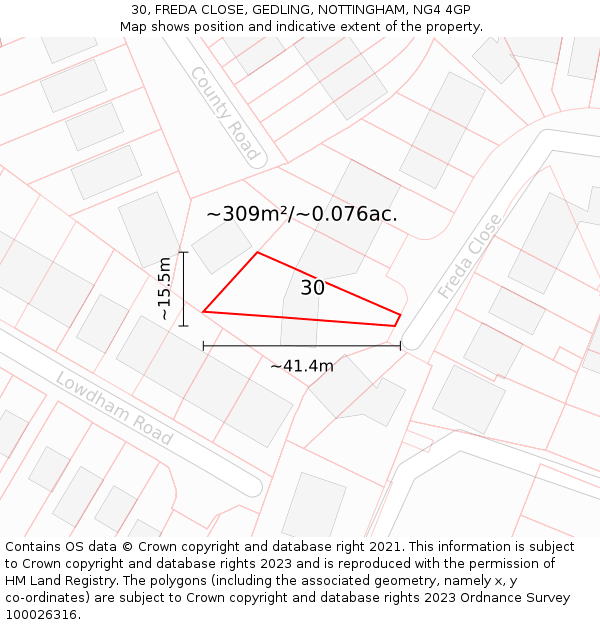 30, FREDA CLOSE, GEDLING, NOTTINGHAM, NG4 4GP: Plot and title map