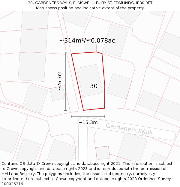 30, GARDENERS WALK, ELMSWELL, BURY ST EDMUNDS, IP30 9ET: Plot and title map