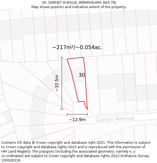 30, GARNET AVENUE, BIRMINGHAM, B43 7RJ: Plot and title map