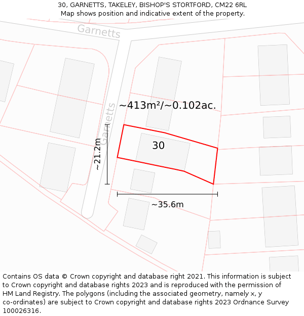 30, GARNETTS, TAKELEY, BISHOP'S STORTFORD, CM22 6RL: Plot and title map